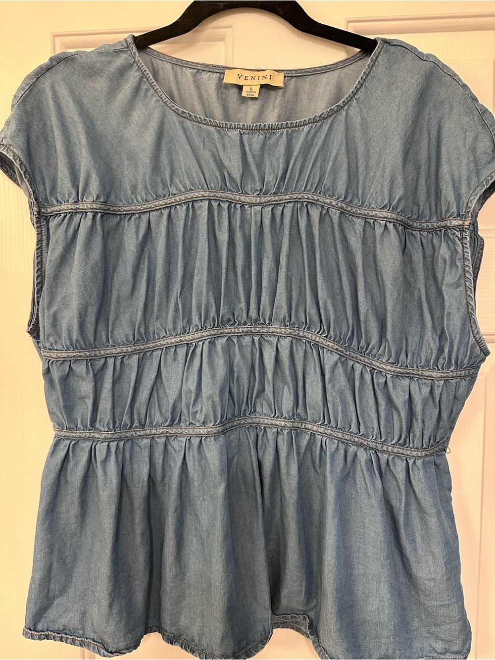 Venini Light Blue Chambray Ruffle Tiered Women's Blouse